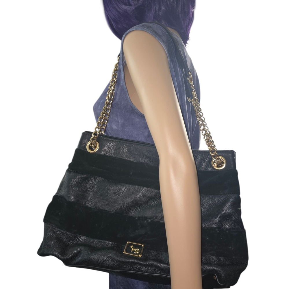 Black Leather Shoulder Bag with Gold Chain